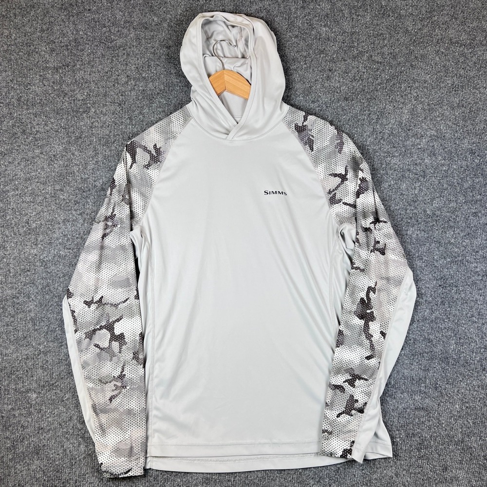 Simms Solarflex Hoodie Mens M Gray Camo Fins & Feathers Hoody Stretch Fishing